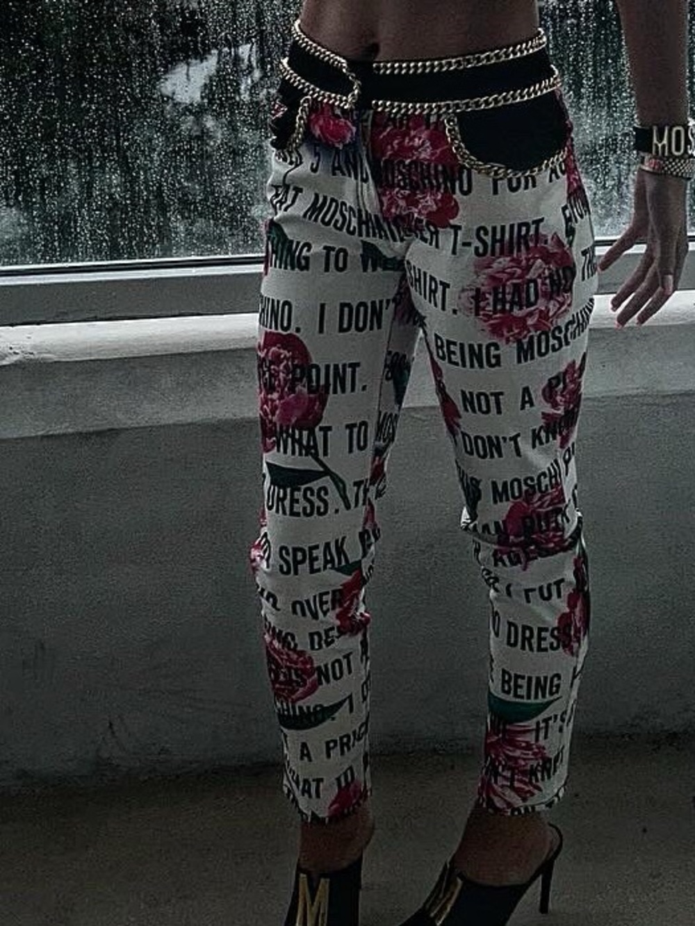 Moschino White Printed Skinny Pants with Pink Rose & Black Script